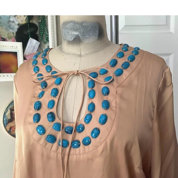 HOT IN HOLLYWOOD Peach Turquoise Collar BOHEMIAN Blouse Tunic Shirt *MEDIUM* - Picture 3 of 6